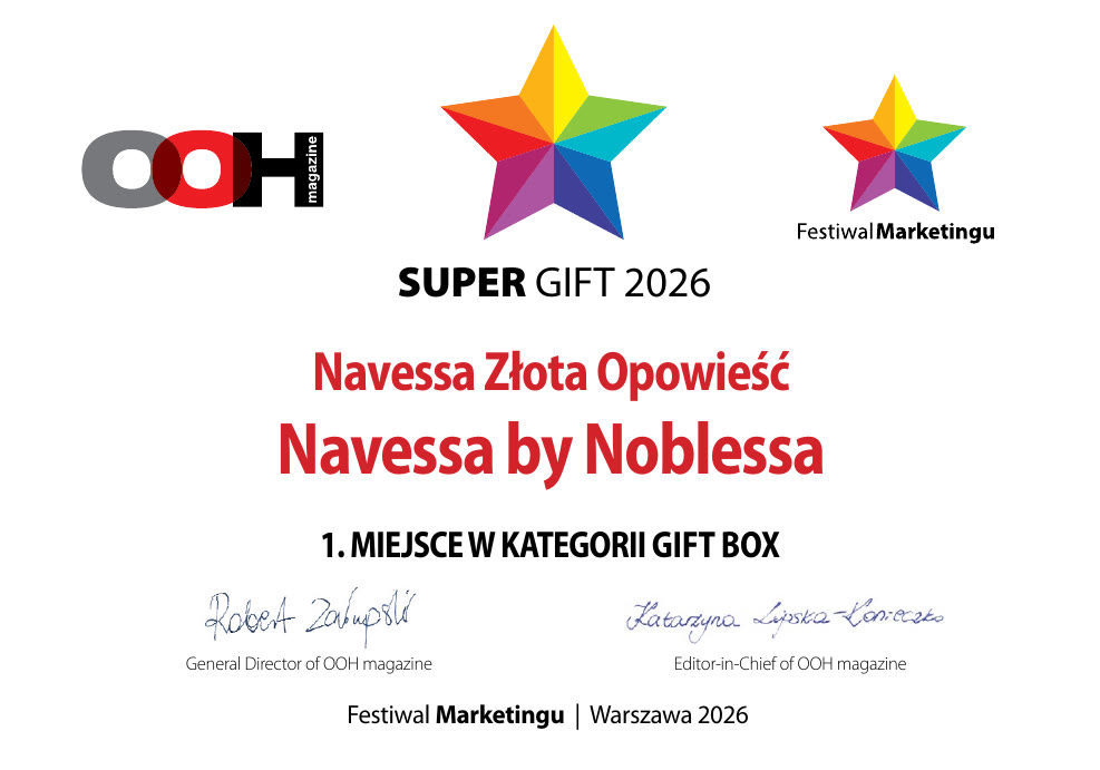 Dyplom nagrody SUPER GIFT 2026 dla zestawu Navessa Złota Opowieść — 1. miejsce w kategorii Gift Box, Festiwal Marketingu, Warszawa